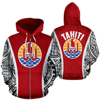 Tahitian Polynesian Zip up Hoodie Tahiti Flag Polynesian Tattoo Unisex White - Polynesian Pride