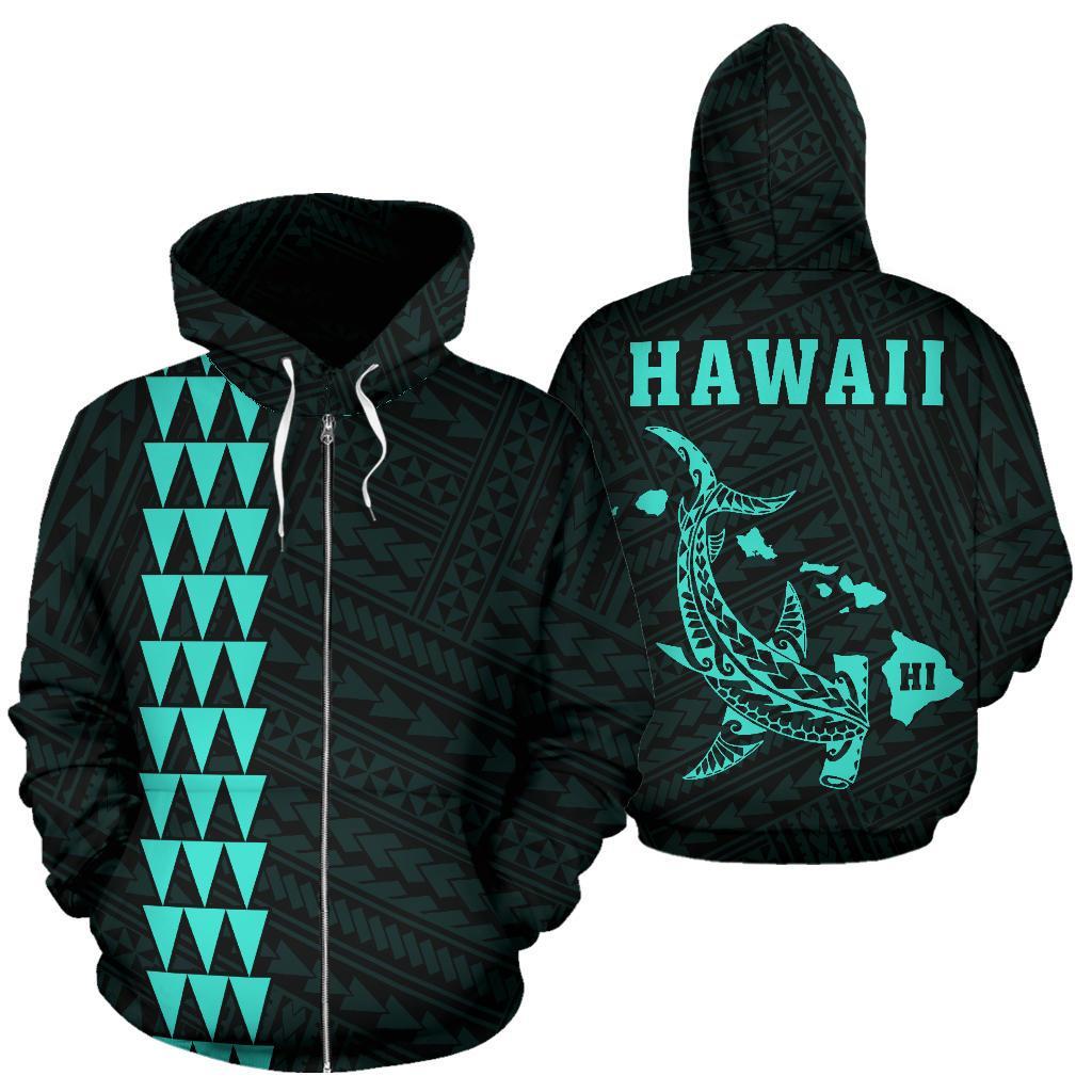 Polynesian Kakau Hammerhead Shark Map of Hawaii Zip Hoodie Turquoise Unisex Turquoise - Polynesian Pride