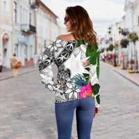 Nauru Women's Off Shoulder Sweater White - Turtle Plumeria Banana Leaf - Polynesian Pride