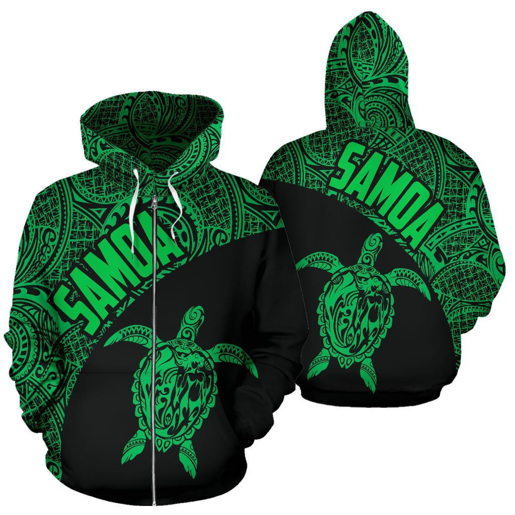 Samoa Zip up Hoodie Samoa Turtle Mermaid Polynesian Tattoo Green Unisex Black - Polynesian Pride