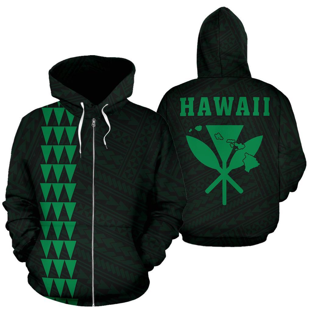 Polynesian Kakau Kanaka Maoli Map of Hawaii Zip Hoodie Green Unisex Green - Polynesian Pride