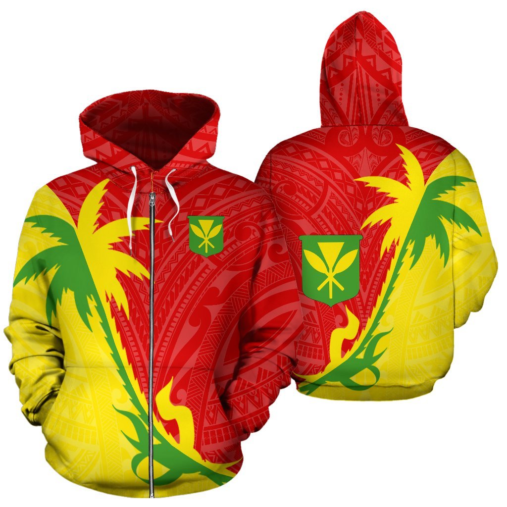 Hawaii Zip up Hoodie Hawaii Kanaka Maoli Flag Coconut Tree Unisex Red Yellow & Green - Polynesian Pride