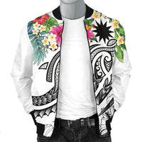 Nauru Polynesian Men's Bomber Jacket - Summer Plumeria (White) - Polynesian Pride