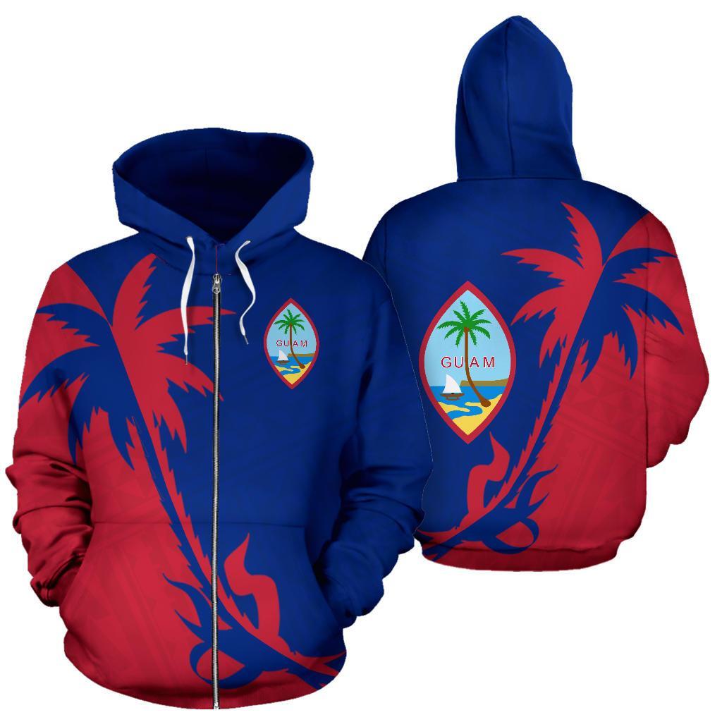 Guam Zip up Hoodie Guam Coat of Arms Coconut Tree Unisex Red Blue - Polynesian Pride