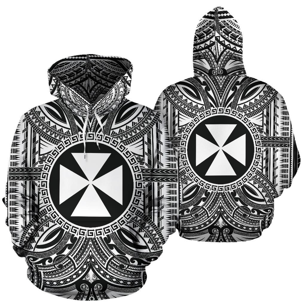 Wallis nd Futuna ll Over Hoodie Wallis nd Futuna Coat of rms Polynesian White Black - Polynesian Pride