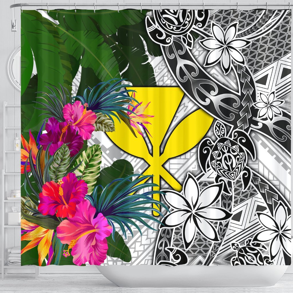 Hawaii Shower Curtain White - Turtle Plumeria Banana Leaf - Polynesian Pride