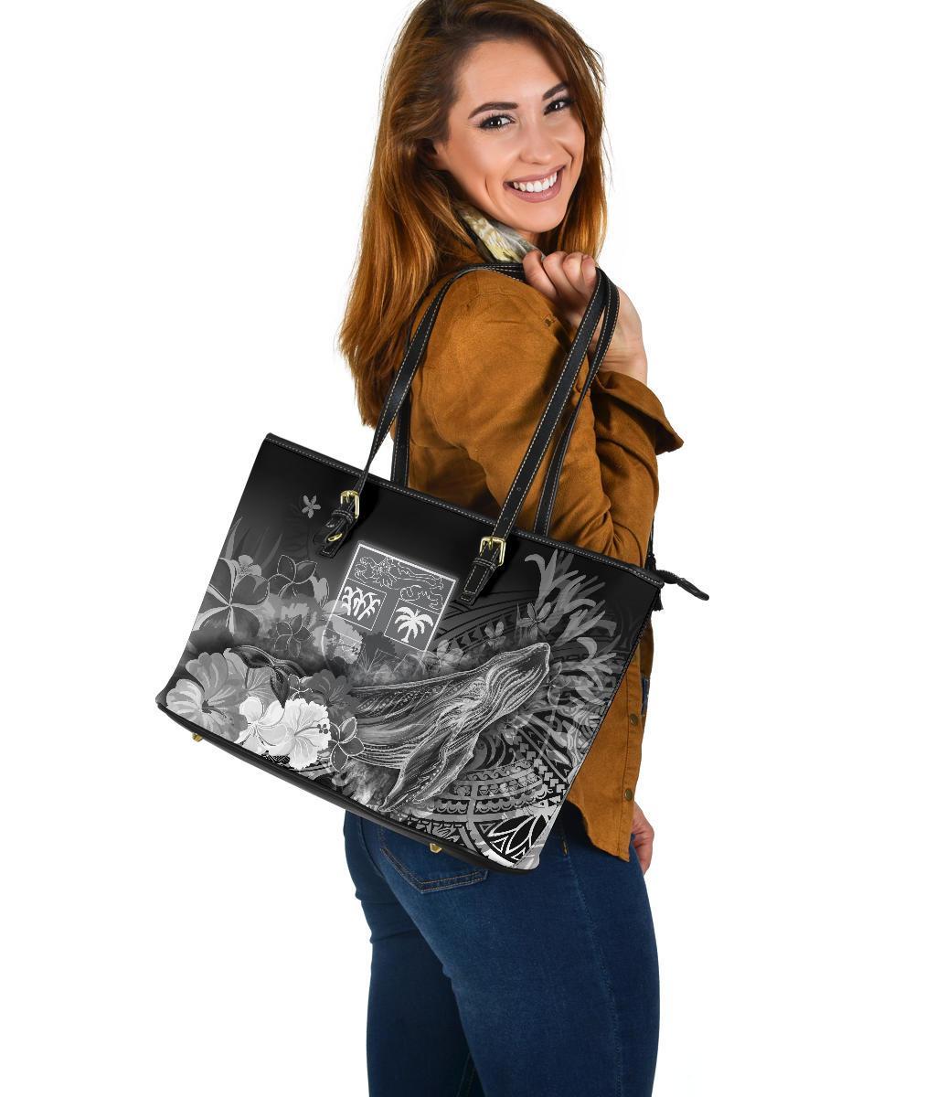 Fiji Large Leather Tote Bag - Humpback Whale with Tropical Flowers (White) - Polynesian Pride