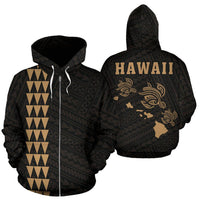 Polynesian Kakau Three Turtle Map of Hawaii Zip Hoodie Gold Unisex Gold - Polynesian Pride