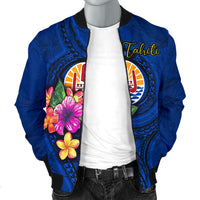 Tahiti Polynesian Men's Bomber Jacket - Floral With Seal Blue - Polynesian Pride