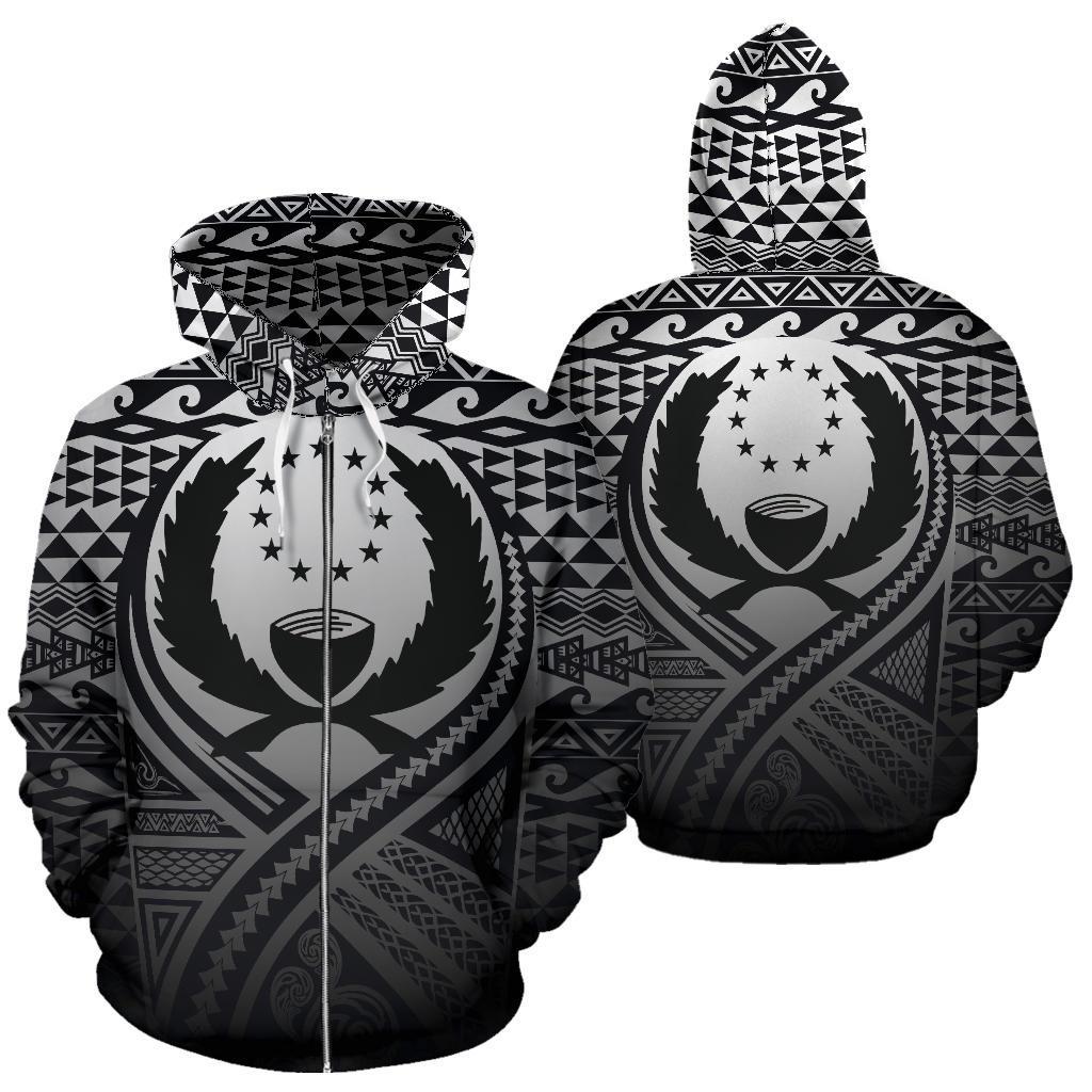 Pohnpei All Over Zip up Hoodie Lift up Black Unisex Black - Polynesian Pride