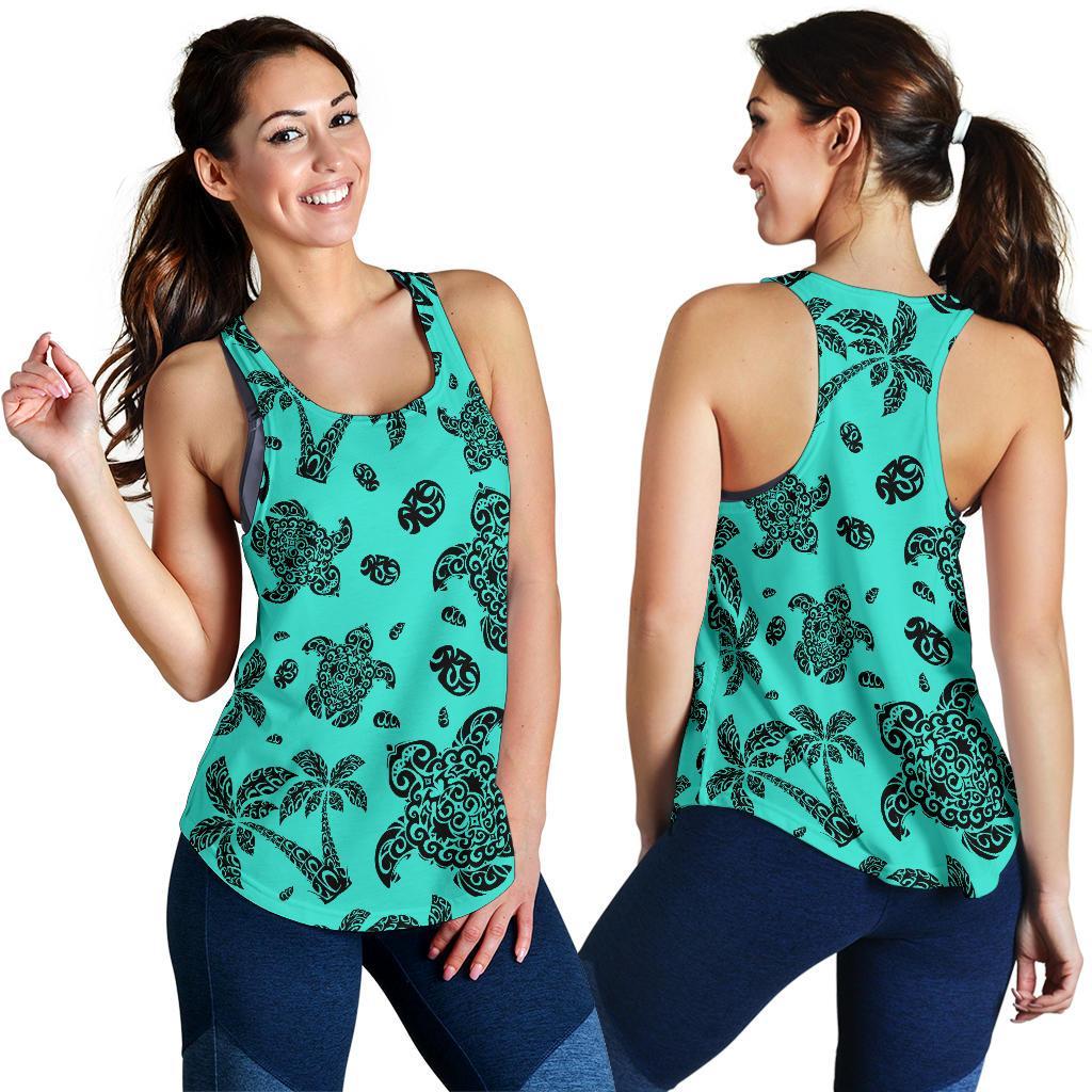 Polynesian Turtle Palm And Sea Pebbles Turquoise Women's Racerback Tank Top - Polynesian Pride