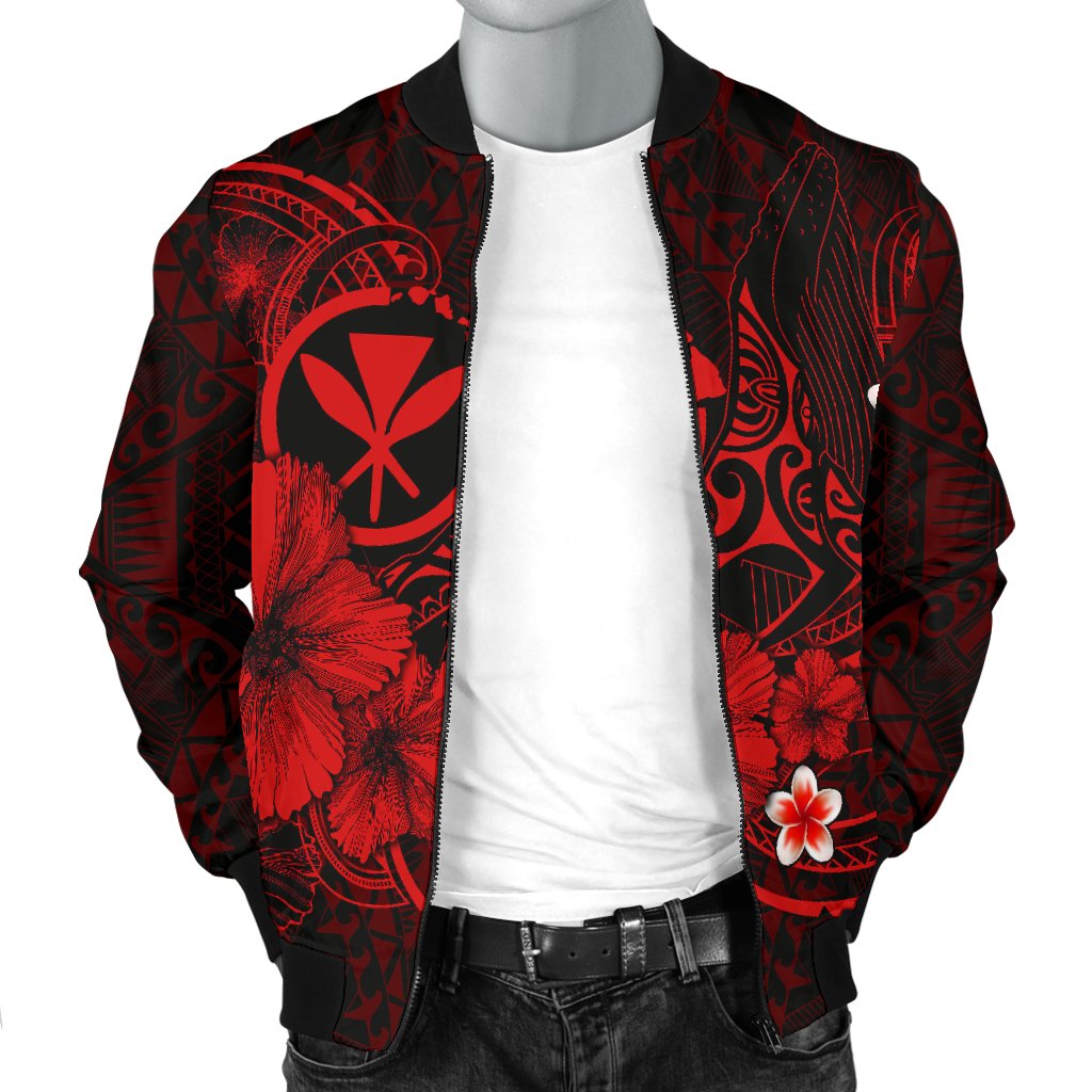 Polynesian Hawaii Kanaka Maoli Men's Bomber Jacket - Humpback Whale with Hibiscus (Red) - Polynesian Pride