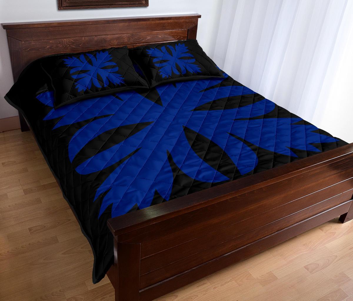Hawaiian Royal Pattern Quilt Bed Set - Black And Blue - C3 Style - Polynesian Pride