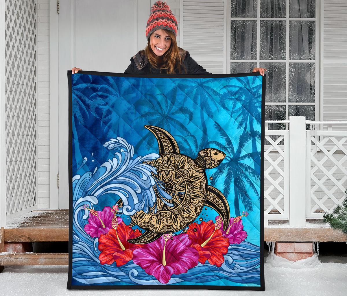 Hawaii Sea Turtle Hibiscus Coconut Tree Premium Quilt - Polynesian Pride