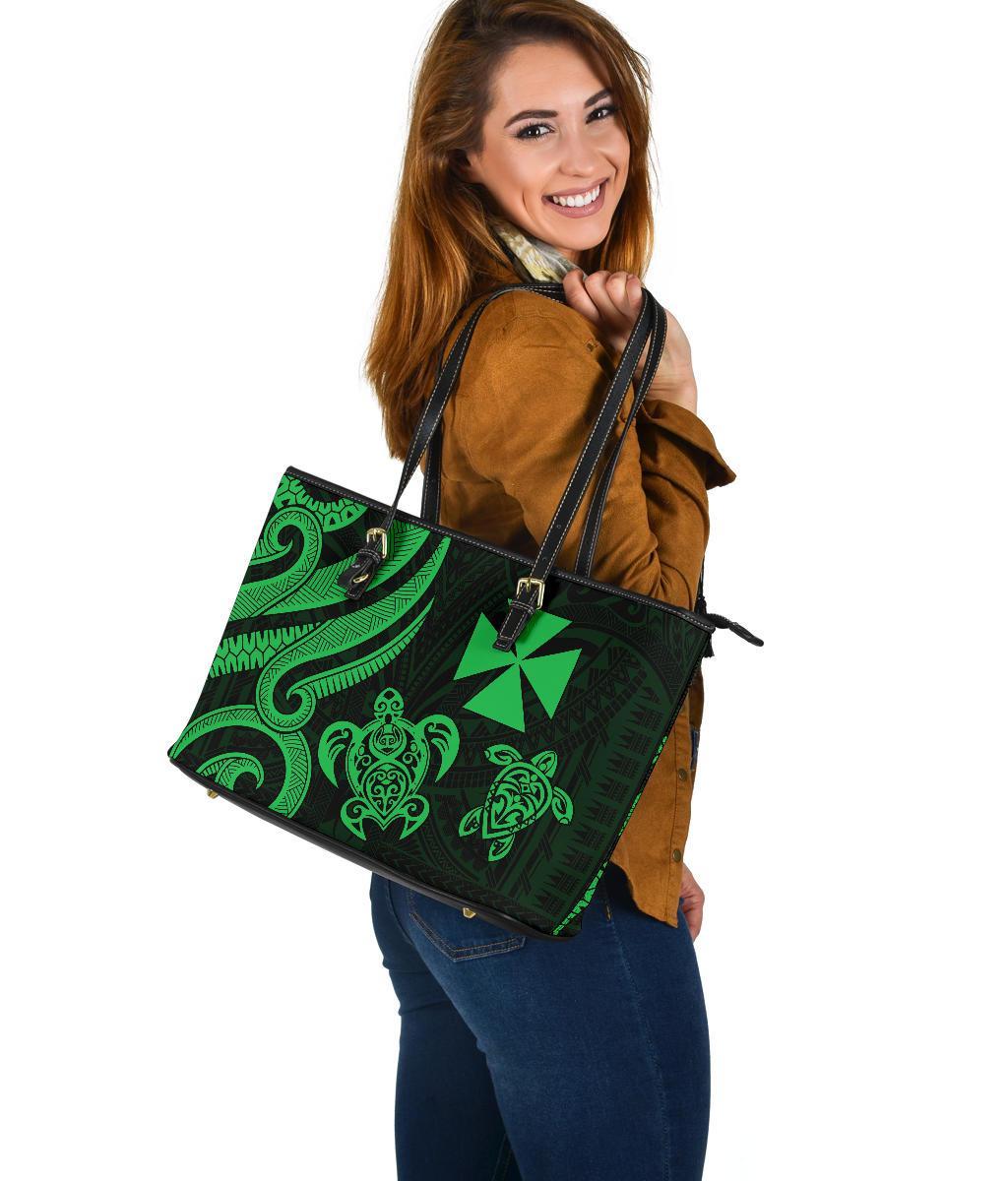Wallis and Futuna Large Leather Tote - Green Tentacle Turtle - Polynesian Pride