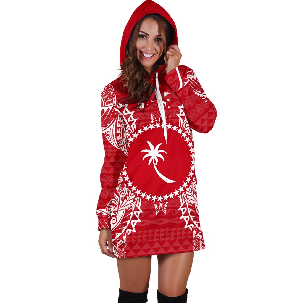 Chuuk Polynesian Hoodie Dress Map Red White - Polynesian Pride