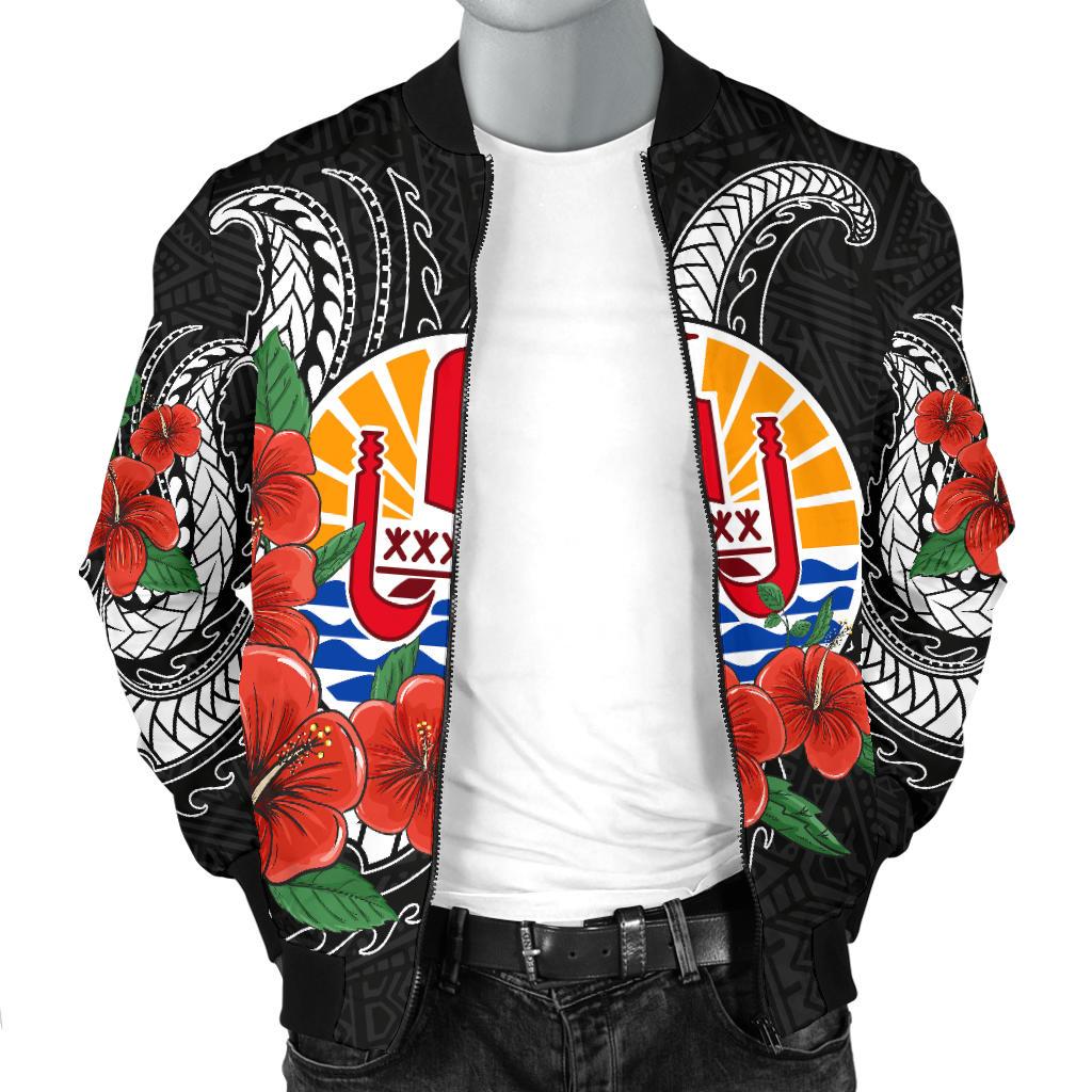 Tahiti Polynesian Men Bomber Jacket - Hibiscus Coat of Arm Black - Polynesian Pride
