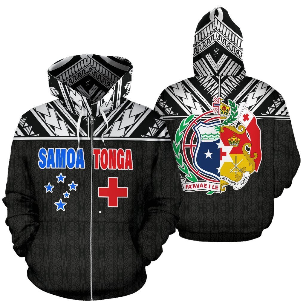 Tonga and Samoa All Over Zip up Hoodie Polynesian Combine Style Unisex White - Polynesian Pride