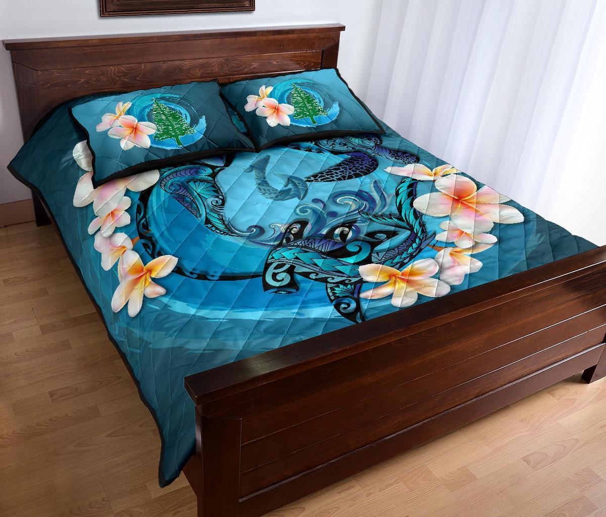 Norfolk Island Polynesian Quilt Bed Set - Blue Plumeria Animal Tattoo - Polynesian Pride