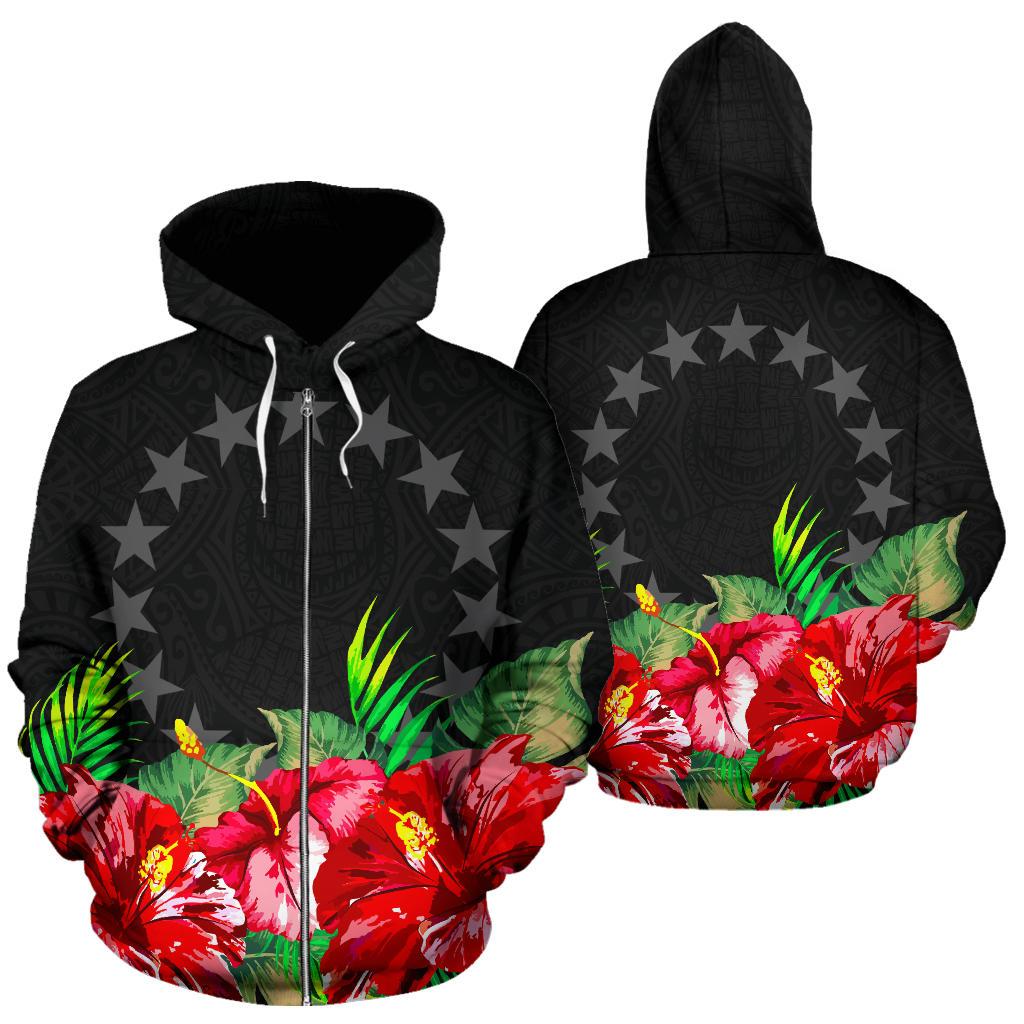 Cook Islands Polynesian Zip Hoodie Black Hibiscus Unisex Black - Polynesian Pride