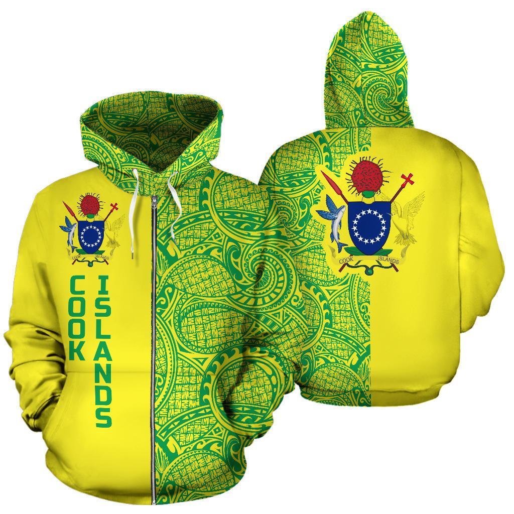 Cook Islands Zip up Hoodie Cook Islands Coat of Arms Polynesian Tattoo Half Style TH0 Unisex Yellow - Polynesian Pride