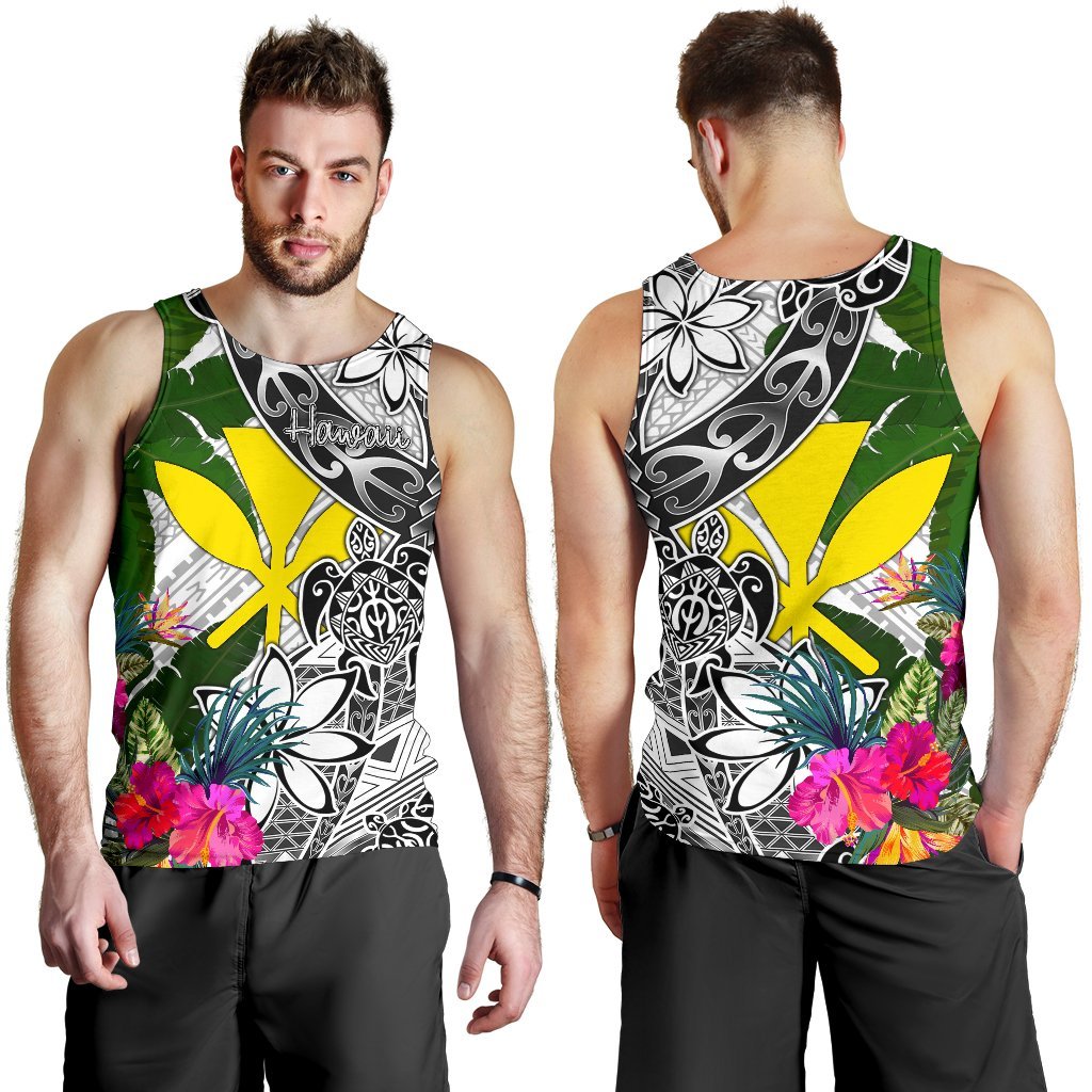 Hawaii Men's Tank Top White - Turtle Plumeria Banana Leaf - Polynesian Pride