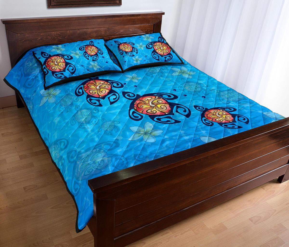 Hawaii Plumeria Turtle In The Ocean Quilt Bed Set - AH - John Style - Polynesian Pride