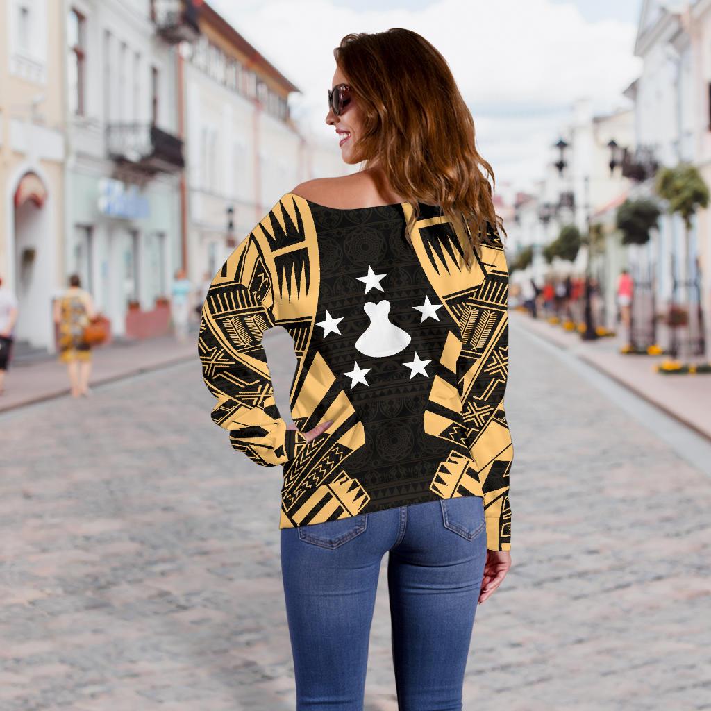 Austral Islands Women's Off Shoulder Sweater - Polynesian Tattoo Gold - Polynesian Pride