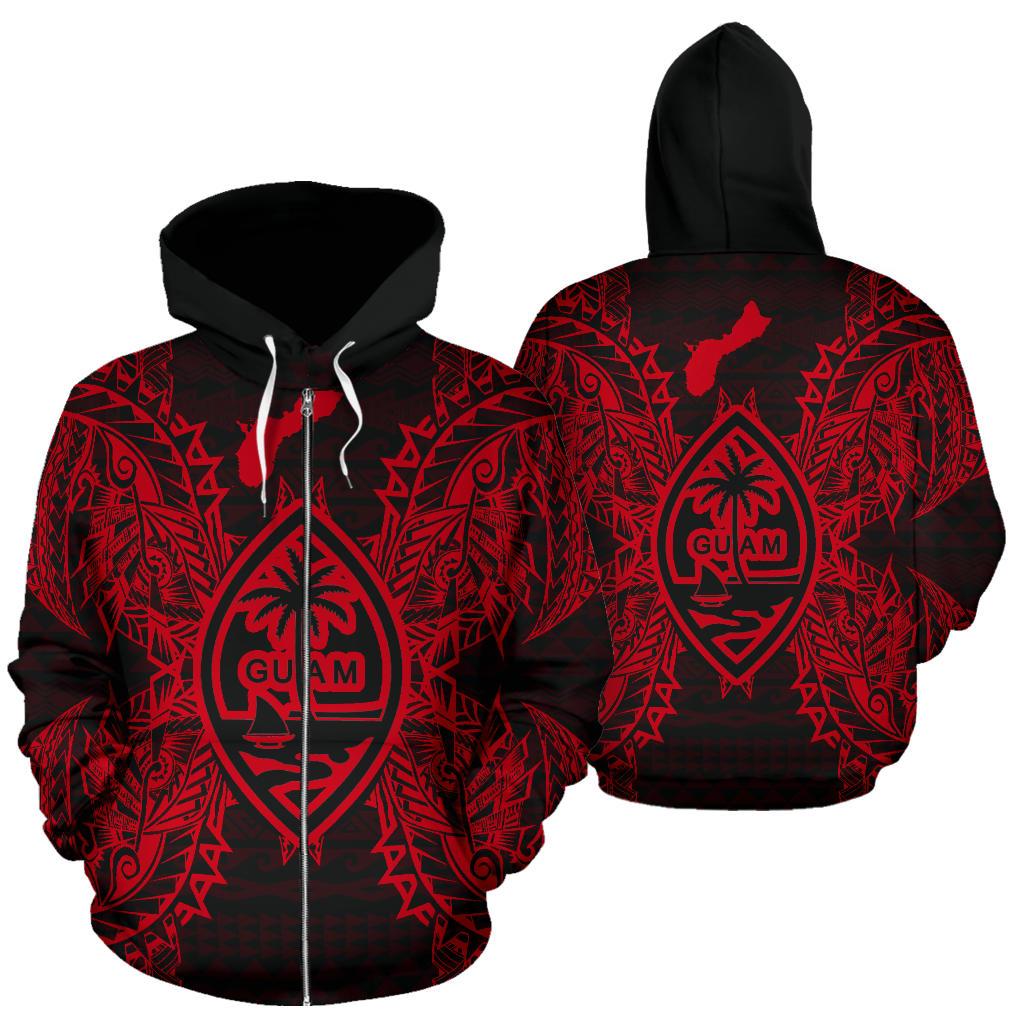 Guam Polynesian All Over Zip up Hoodie Map Red Unisex Red - Polynesian Pride