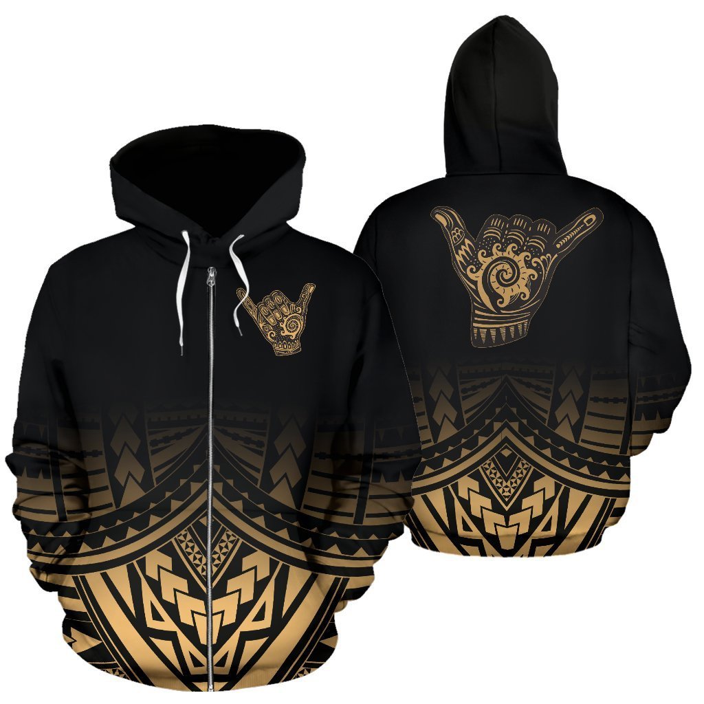 Polynesian All Over Zip up Hoodie Shaka Gold Version Unisex White - Polynesian Pride