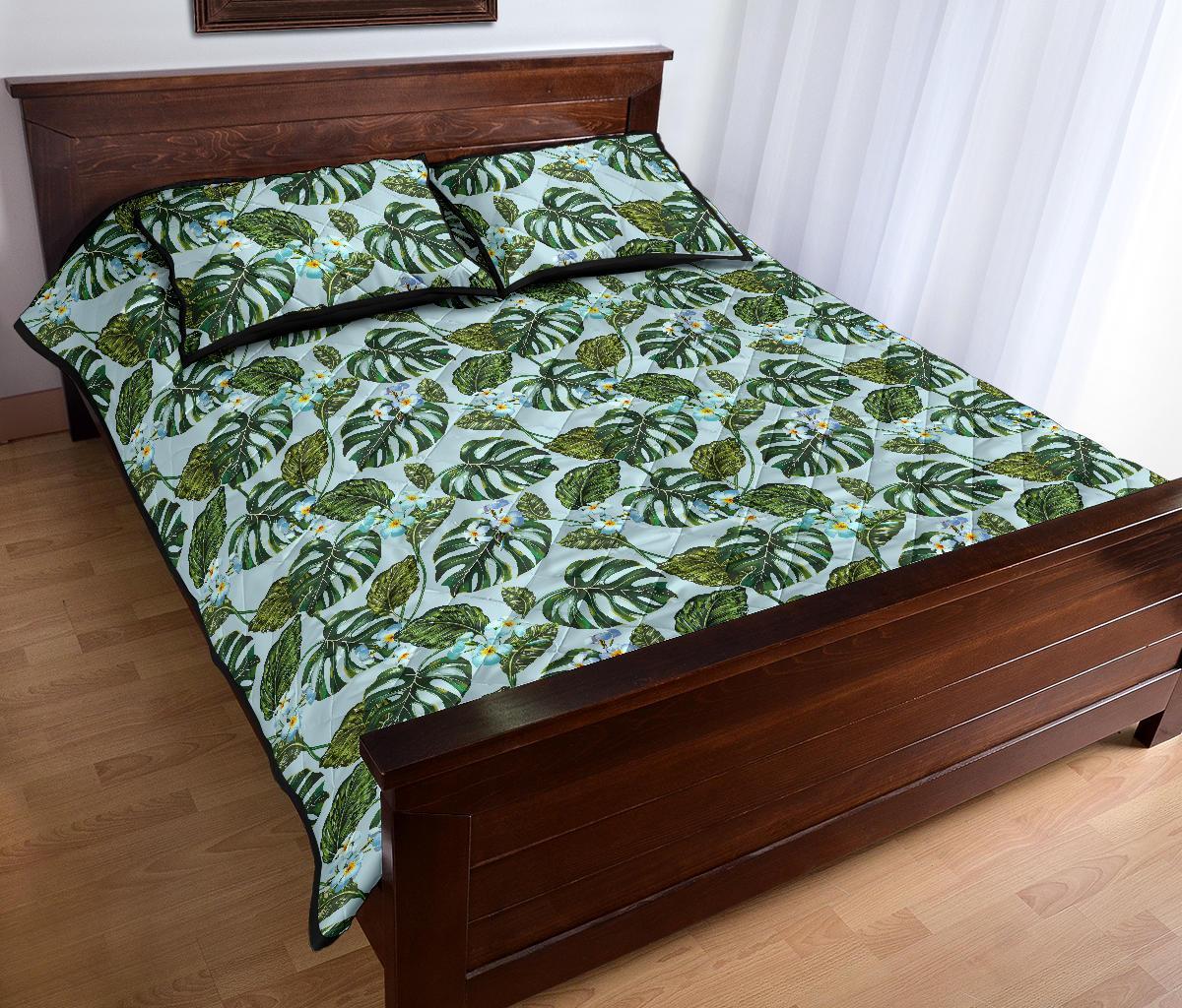 Tropical Flowers Monstera Leaf Quilt Bed Set - Polynesian Pride