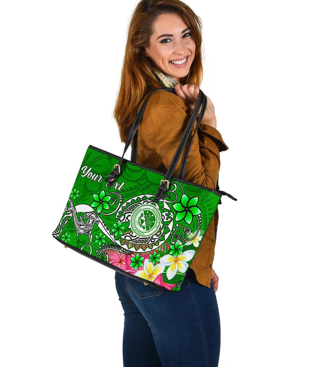 FSM Custom Personalised Large Leather Tote Bag - Turtle Plumeria (Green) - Polynesian Pride