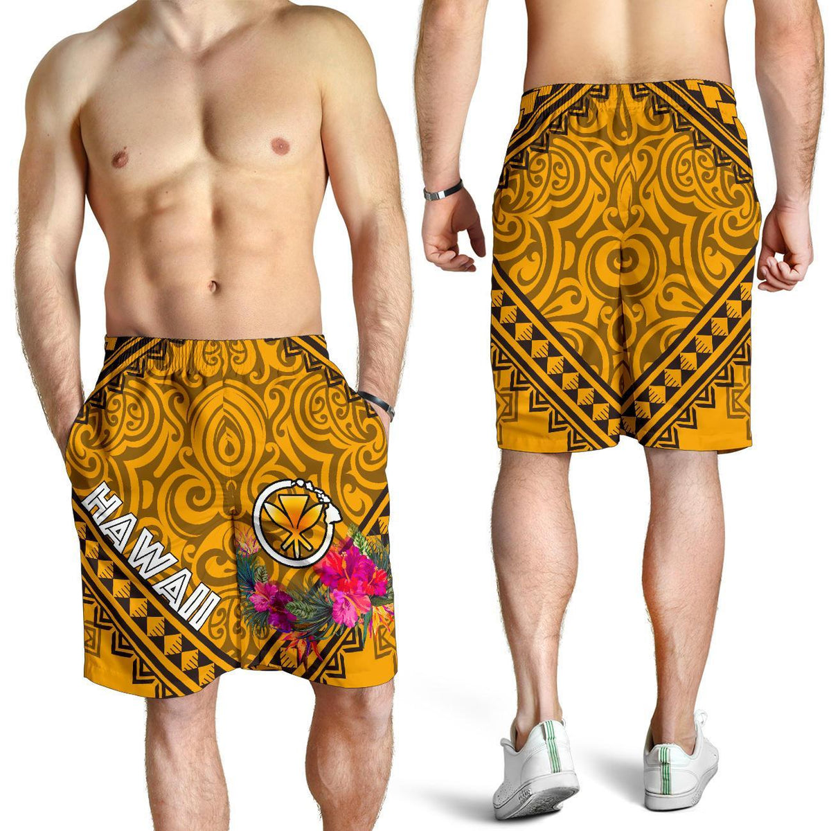 Hawaii Men's Shorts - Kanaka Maoli With Hibiscus On Polynesian Patterns (YELLOW) - Polynesian Pride