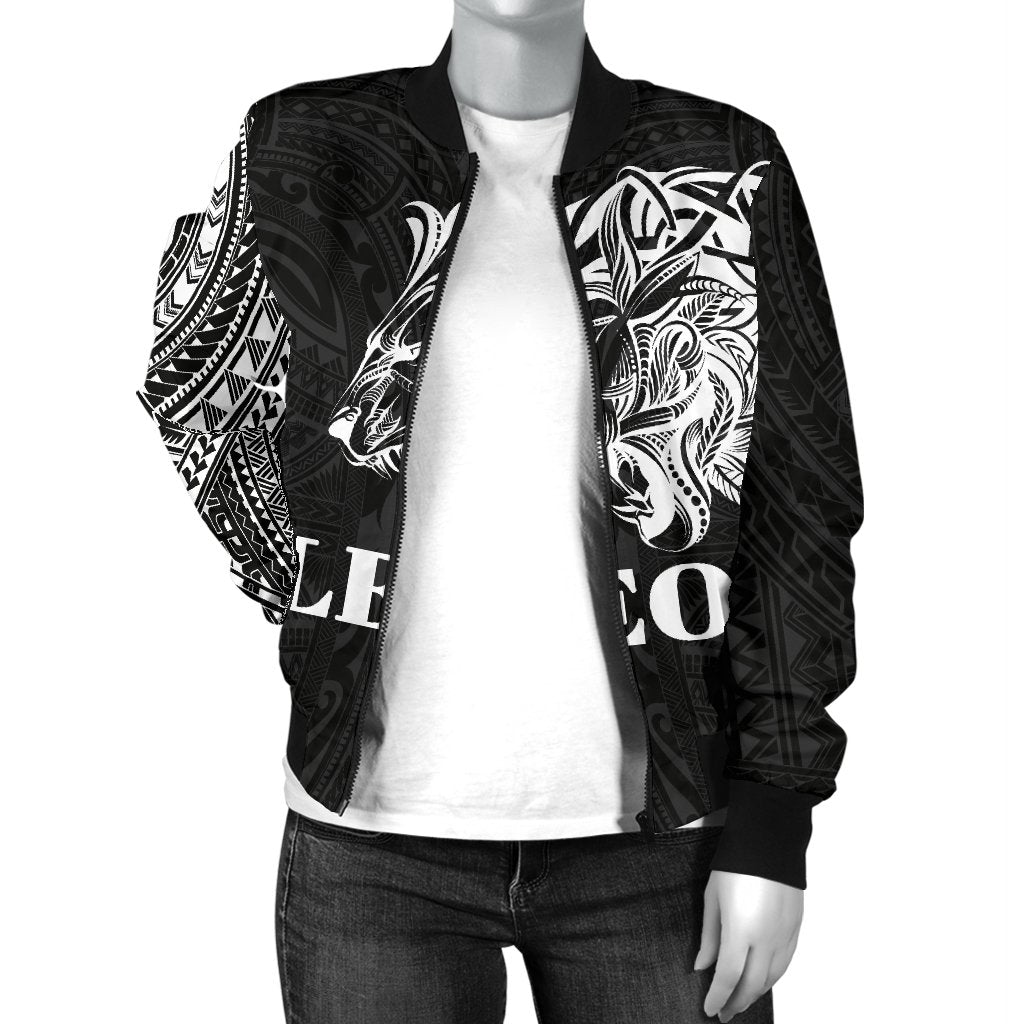 Sun In Leo Zodiac Women Bomber Jacket Polynesian Tattoo Simple - White - Polynesian Pride