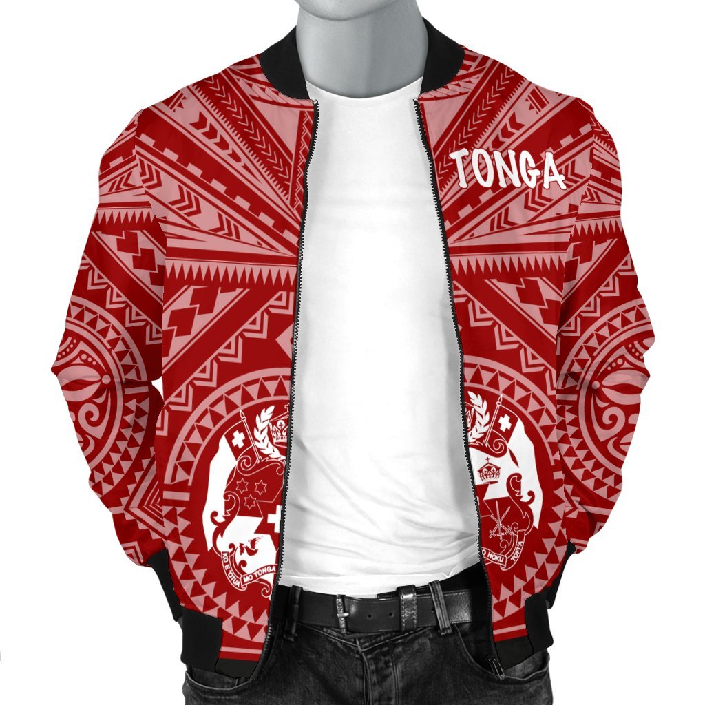 Tonga Men's Bomber Jacket - Tonga Seal With Polynesian Tattoo Style (Red) - Polynesian Pride