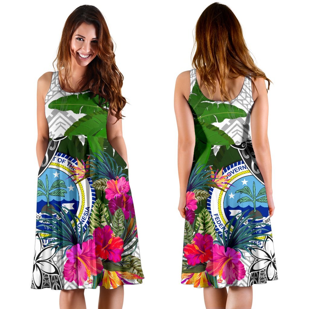 Federated States of Micronesia Midi Dress White - Turtle Plumeria Banana Leaf - Polynesian Pride