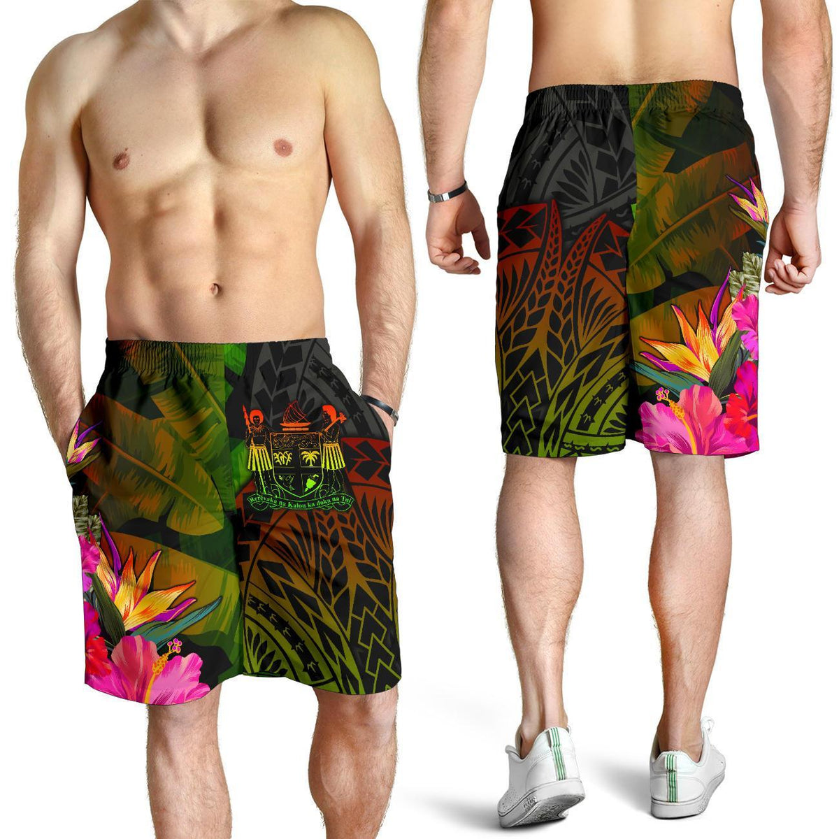 Fiji Polynesian Men's Shorts - Hibiscus and Banana Leaves - Polynesian Pride