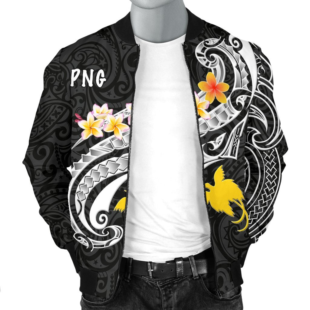 Papua New Guinea Men's Bomber Jacket - PNG Seal Polynesian Patterns Plumeria (Black) - Polynesian Pride
