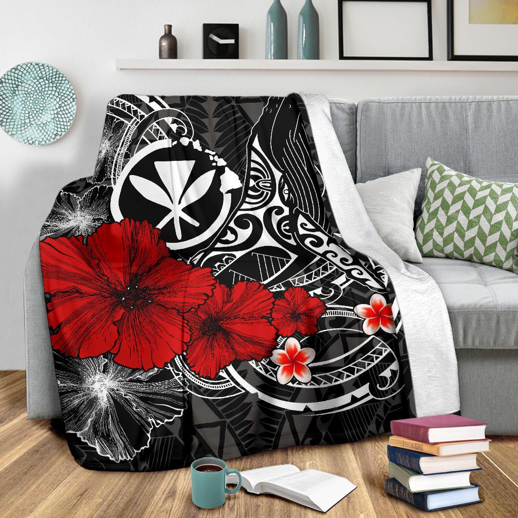 Polynesian Hawaii Kanaka Maoli Premium Blanket - Humpback Whale with Hibiscus (White) - Polynesian Pride
