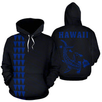Polynesian Kakau Hammerhead Shark Map of Hawaii Hoodie Blue Unisex Blue - Polynesian Pride
