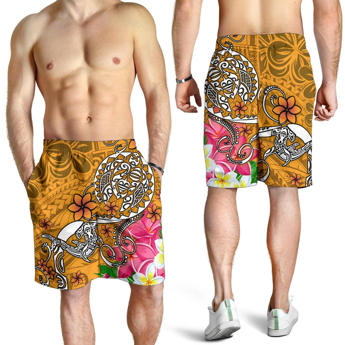 Polynesian Men's Shorts - Turtle Plumeria Gold Color - Polynesian Pride
