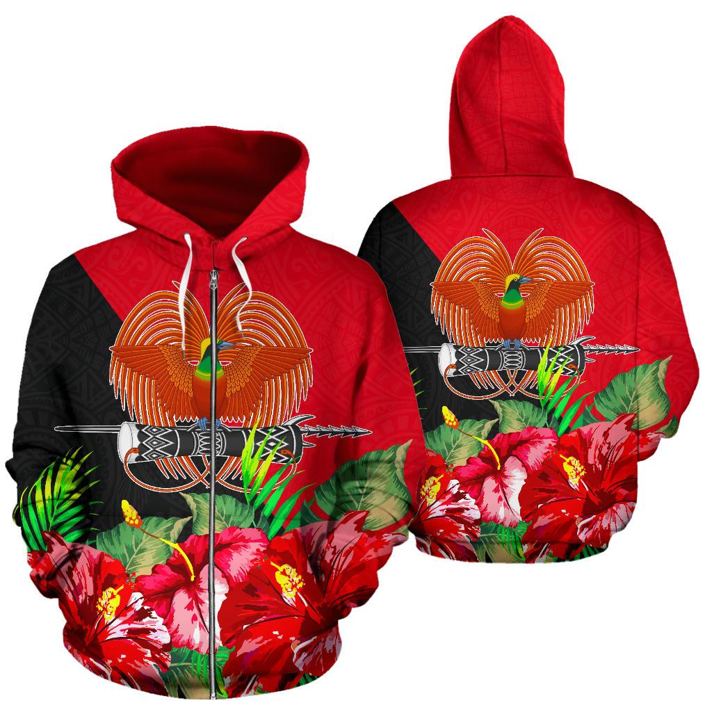 Papua New Guinea Polynesian Zip Hoodie Flag Hibiscus Unisex Red - Polynesian Pride
