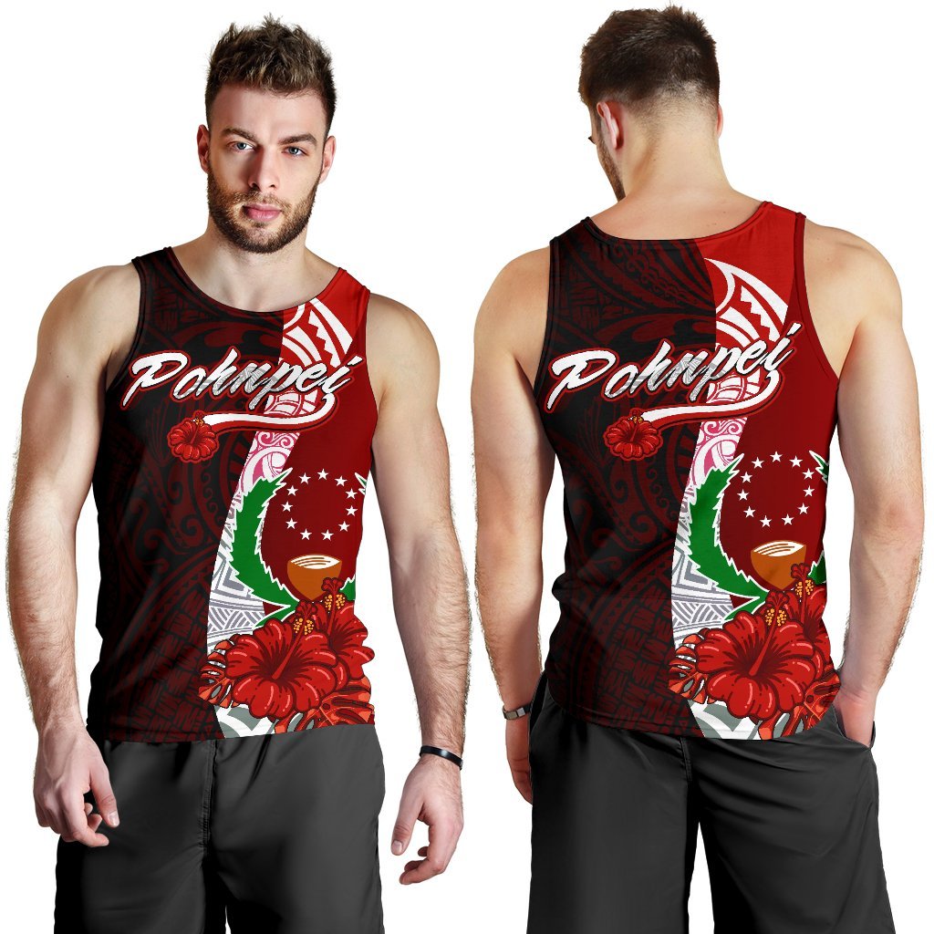 Pohnpei Micronesia Men's Tank Top - Coat Of Arm With Hibiscus Red - Polynesian Pride