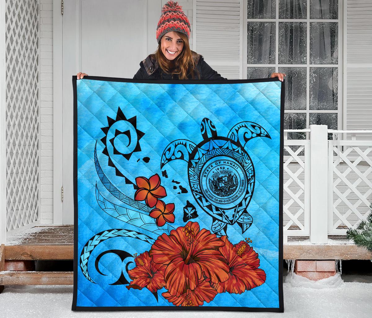 Hawaiian Map Kanaka Sea Turtle Seal Of Hawaii Hibiscus Plumeria Polynesian Quilt - Polynesian Pride