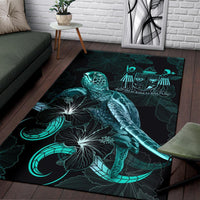 Fiji Polynesian Area Rugs - Turtle With Blooming Hibiscus Turquoise - Polynesian Pride
