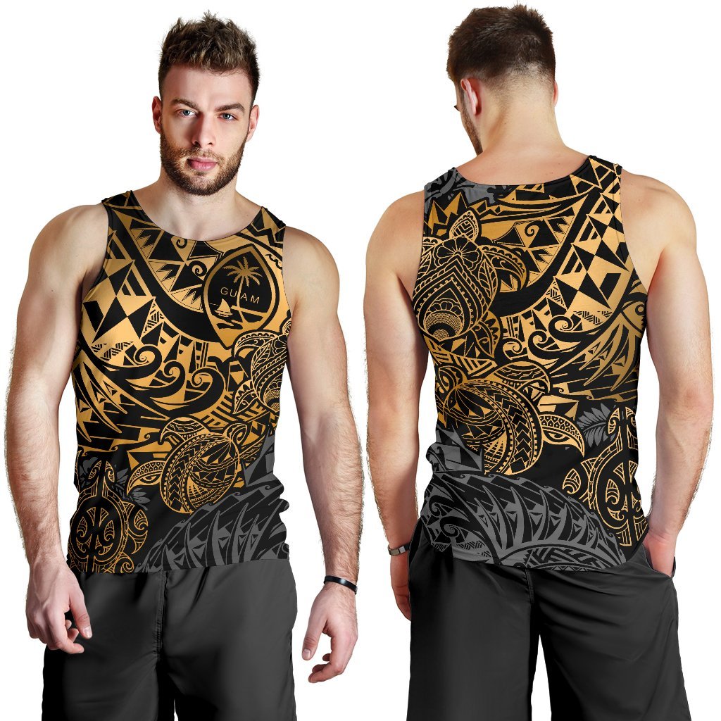 Guam Polynesian Tank Top (Men) - Gold Turtle Flowing - Polynesian Pride