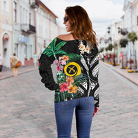 Vanuatu Women'S Off Shoulder Sweater Coat Of Arms Polynesian With Hibiscus-2 - Polynesian Pride