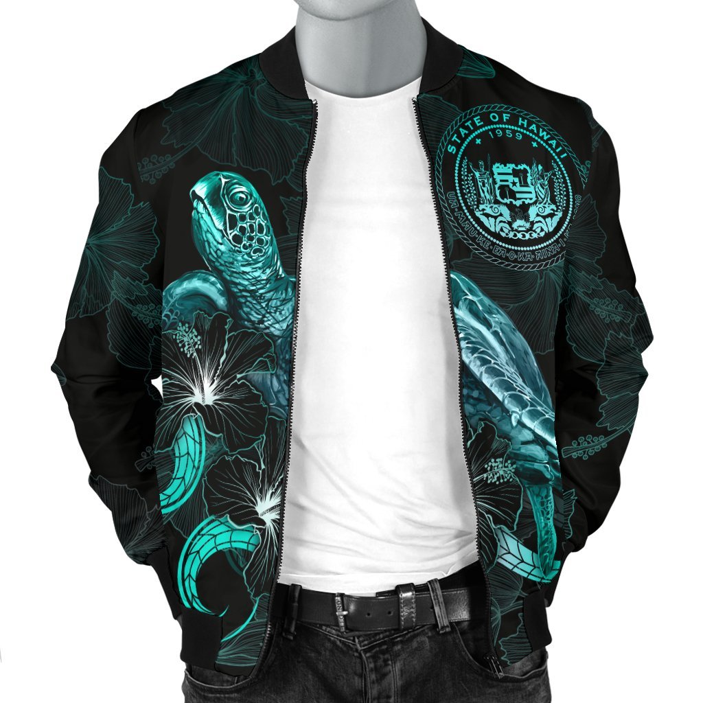 Hawaii Polynesian Men's Bomber Jacket - Turtle With Blooming Hibiscus Turquoise - Polynesian Pride