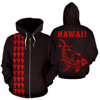 Polynesian Kakau Hammerhead Shark Map of Hawaii Zip Hoodie Red Unisex Red - Polynesian Pride