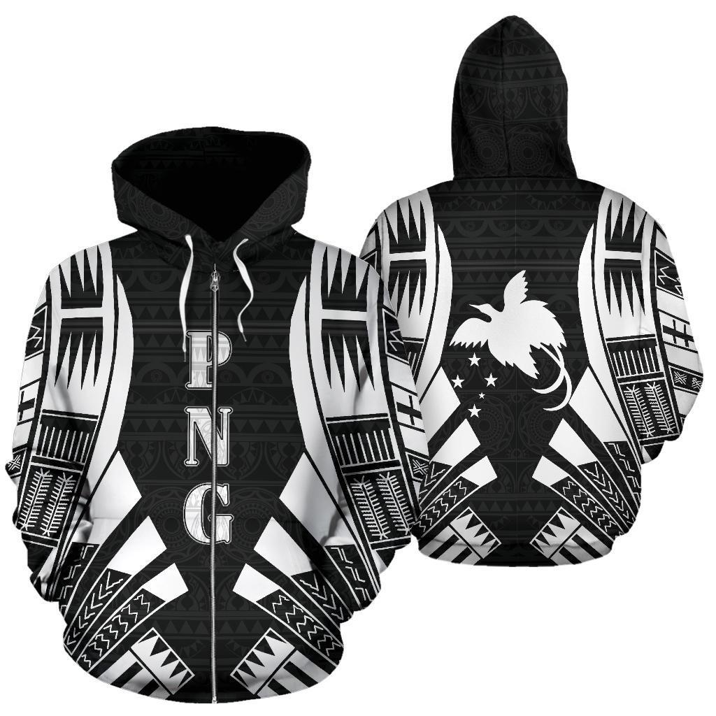 Papua New Guinea Polynesian All Over Zip up Hoodie White Tattoo Unisex Black - White - Polynesian Pride